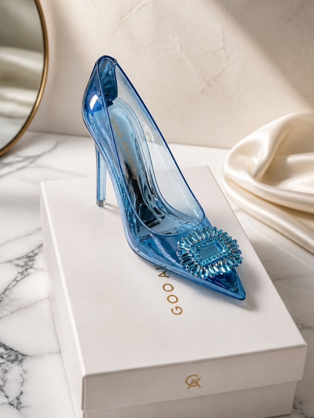 Good American Blue Crystal-Embellished Pointed Lucite Stiletto Heel - Size 7 - Picture 1 of 8